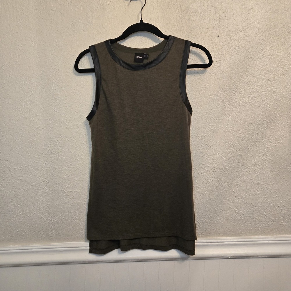 ASOS Tank Top Size 4‎ Olive Green Lightweight Faux Leather Trim Side Slit